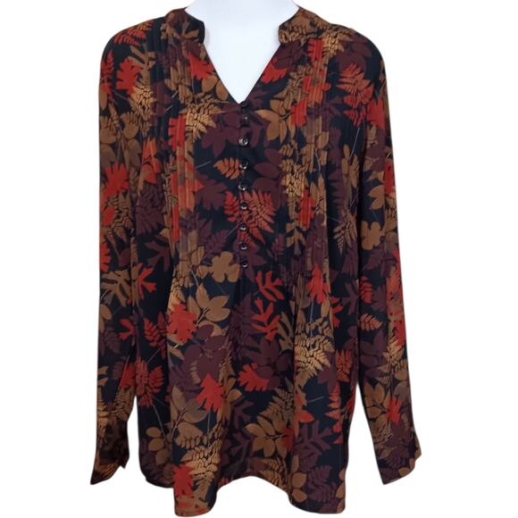 Artsy Blouse Peasant Top‎ M Foliage Leaves Colorful Nature Autumn Fall Pin Tuck - Picture 1 of 11